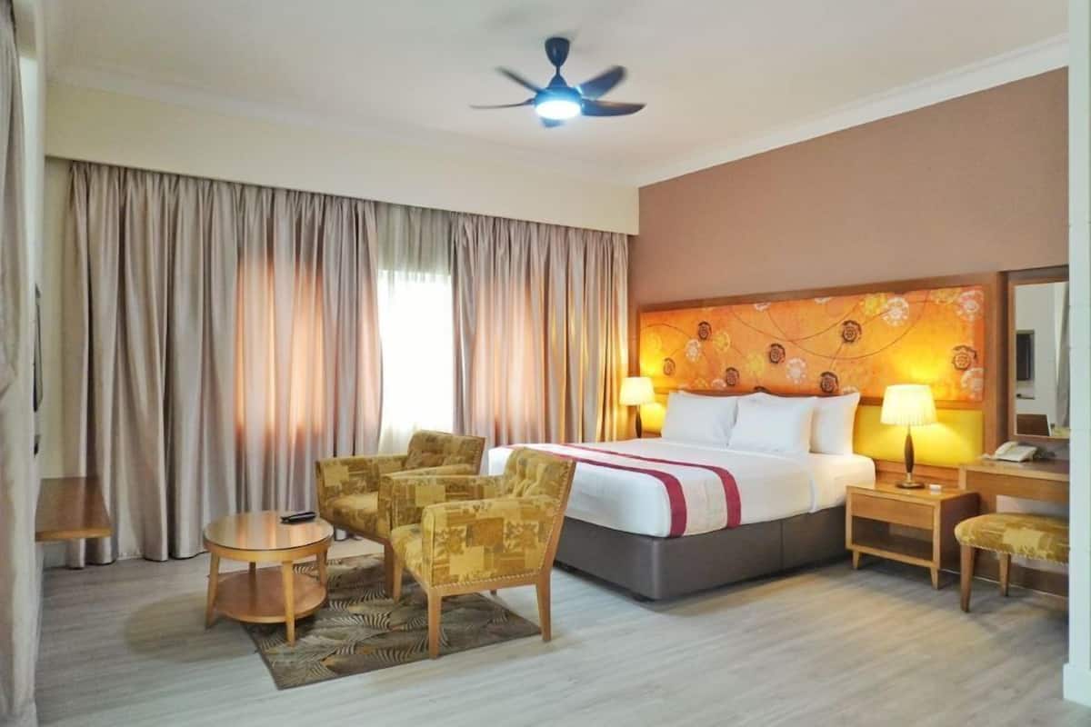 Une chambre d’hôtel comprenant un lit, deux lampes de chevet, un ventilateur de plafond, un canapé, une petite table et une chaise.