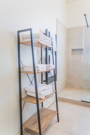 Regadera, secadora de cabello, toallas, papel de baño