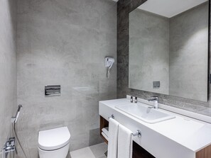 Shower, free toiletries, hair dryer, bathrobes