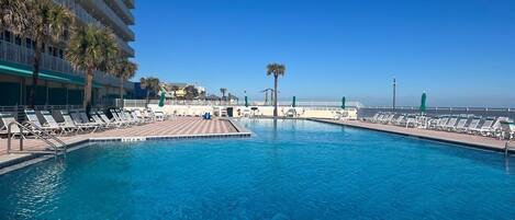 A swimming pool with lounge chairs and a palm tree, surrounded by a white fence and buildings.