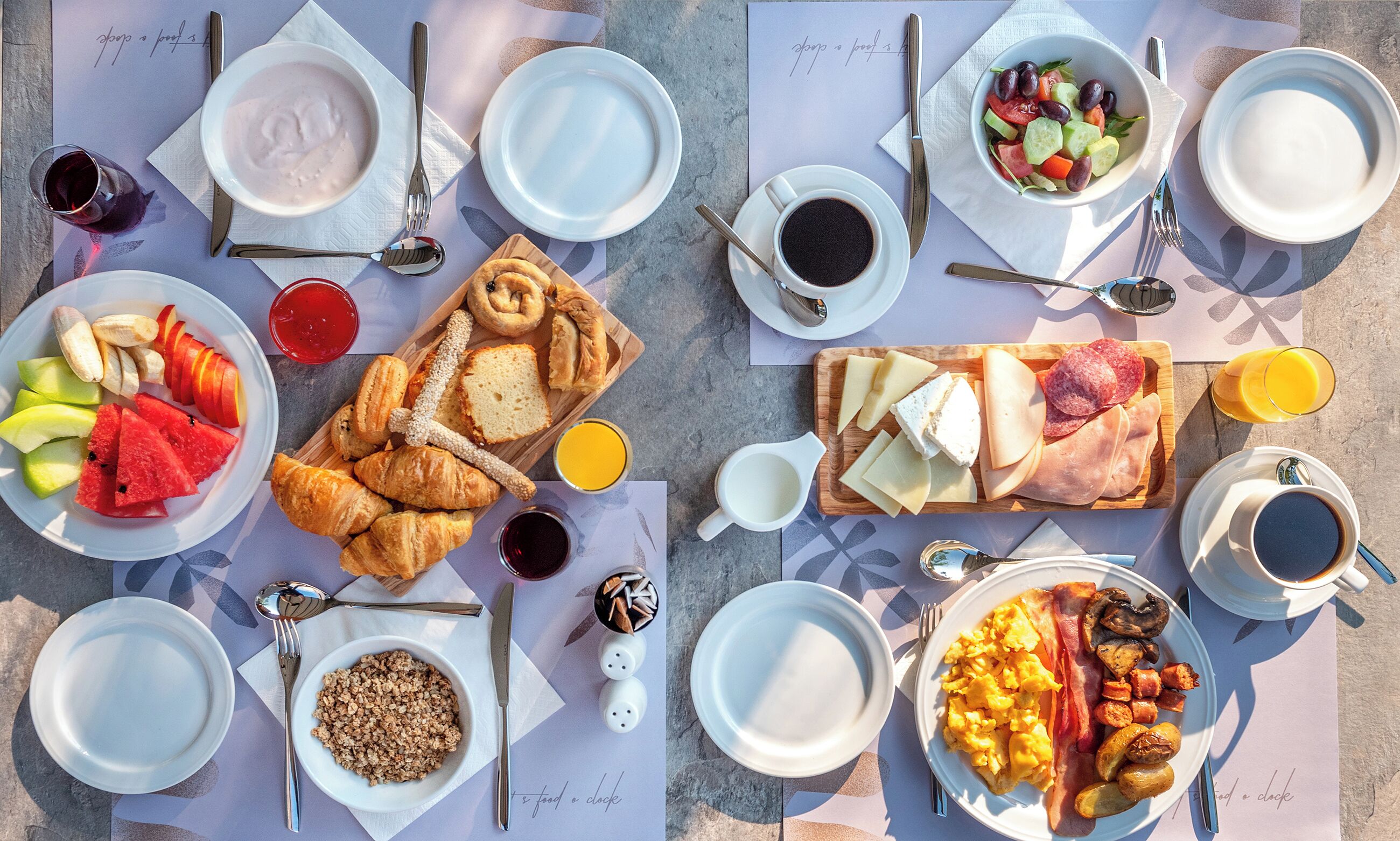 A breakfast buffet with various food items and beverages.