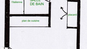Un plano de distribución con un baño, una cocina y un armario.