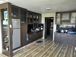Mini-fridge, microwave, oven, stovetop