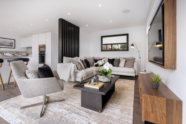 Scandinavian Style Open-plan living room with Garden views.