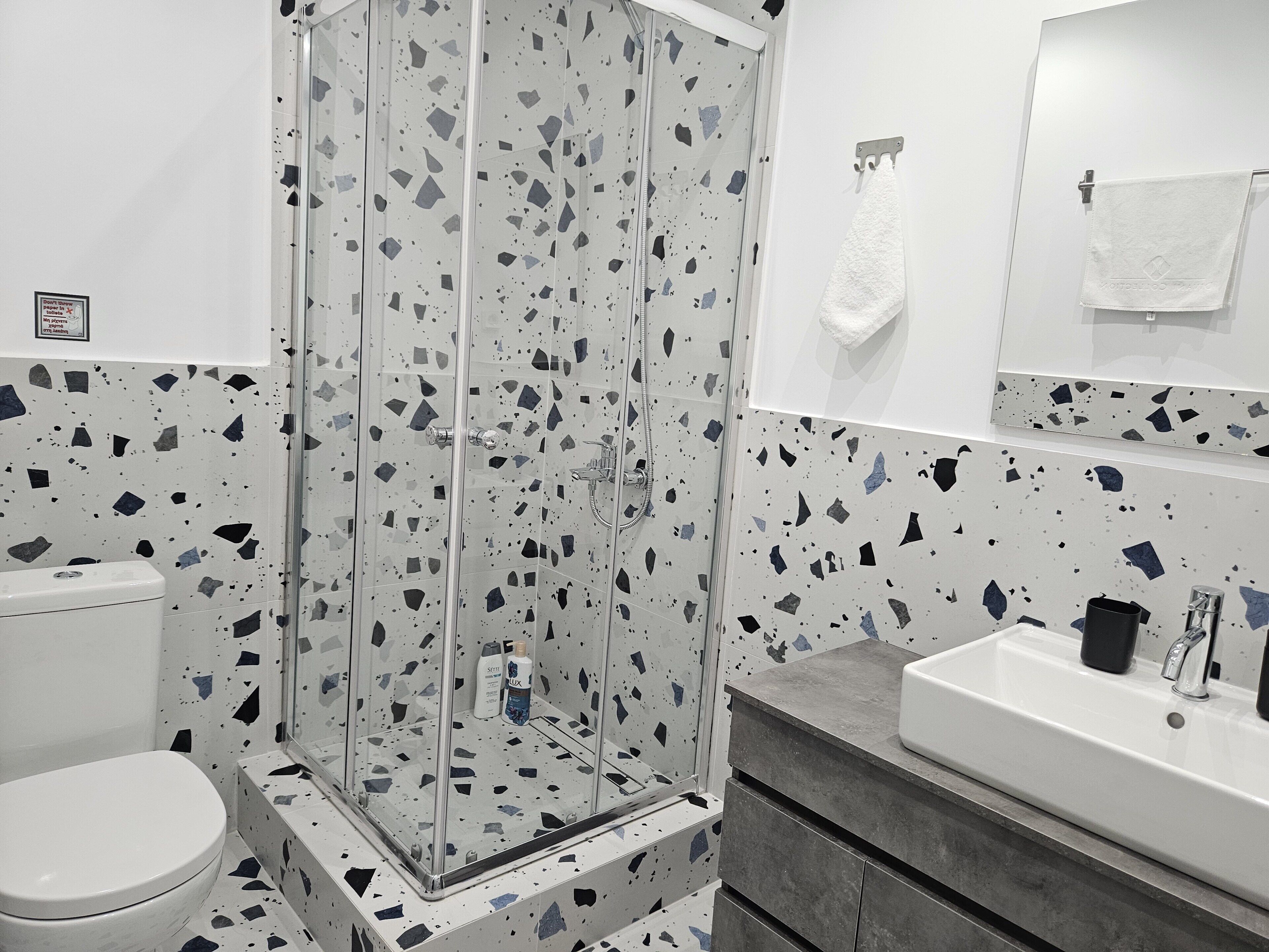 Un baño con ducha acristalada, inodoro blanco y lavabo con espejo superior.