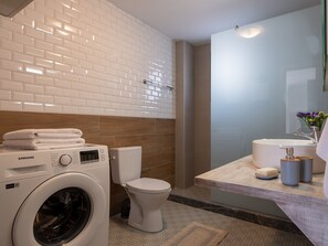 Haartrockner, Handtücher, Seife, Toilettenpapier