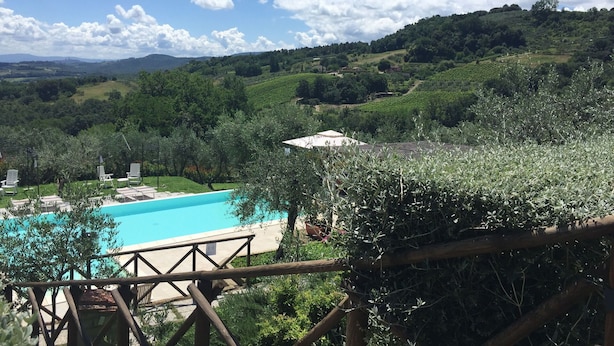 A pool with a wooden deck and lounge chairs, surrounded by olive trees and a view of rolling hills and vineyards. - Villa Le Ripe - Gambassi Terme, Toscana (Gambassi Terme)