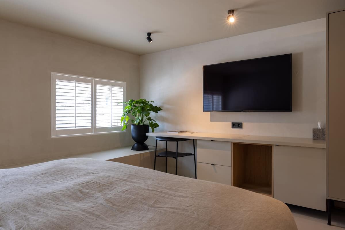 Un dormitorio con cama, escritorio, silla, planta en maceta y televisor.