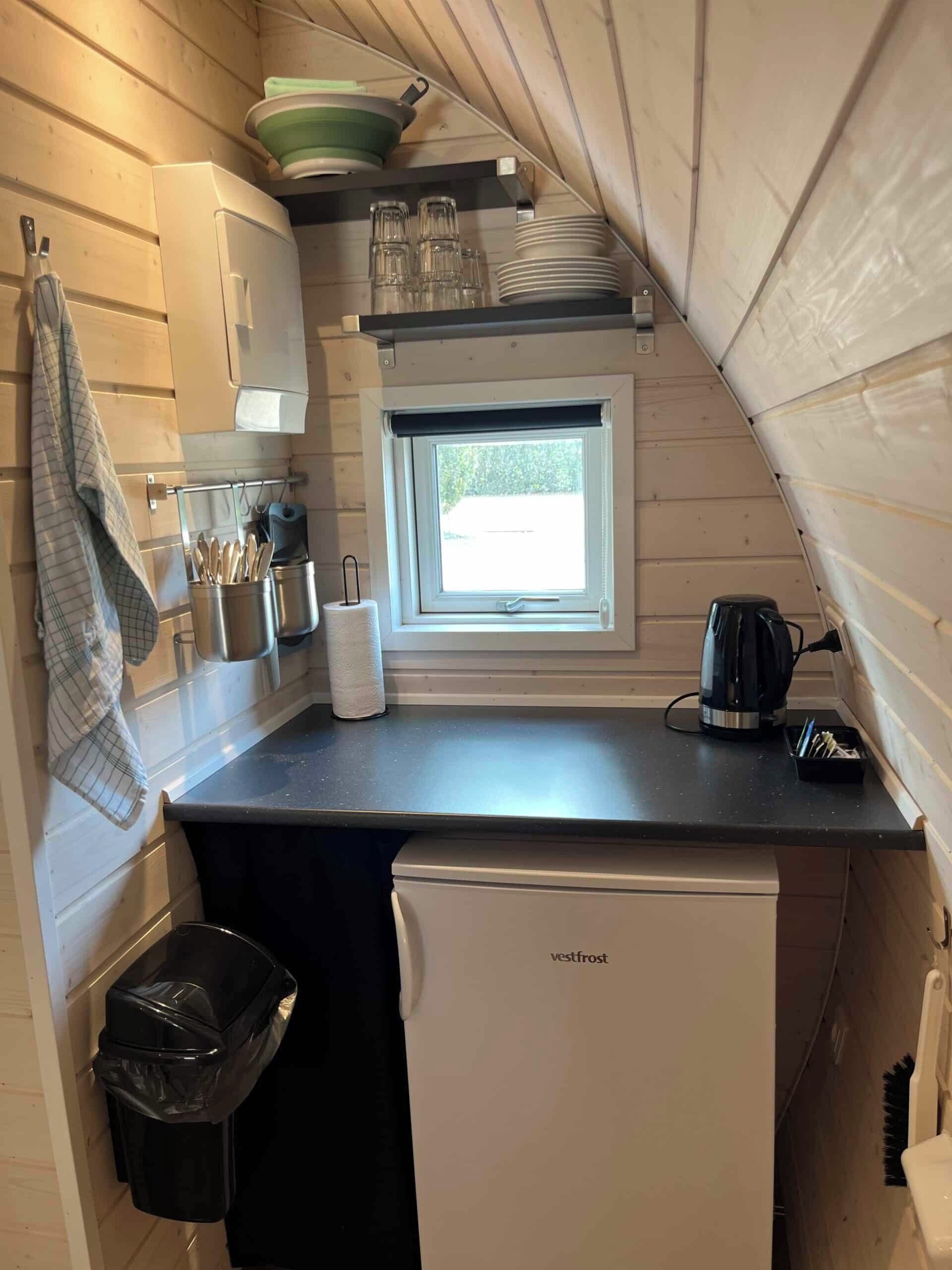 A compact kitchen with a window, a small refrigerator, and a sink.