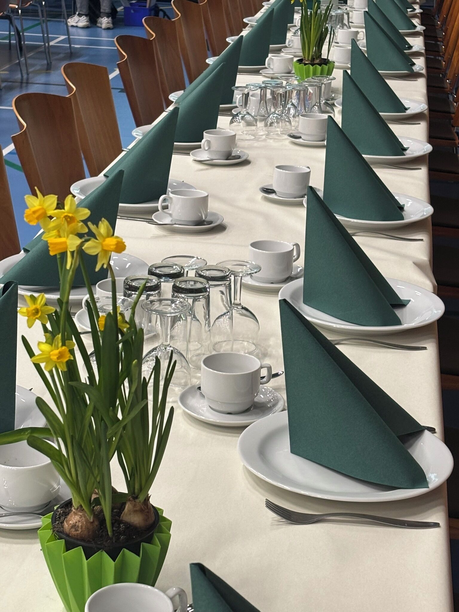 Una larga mesa de comedor dispuesta con platos blancos, servilletas verdes y cristalería transparente.