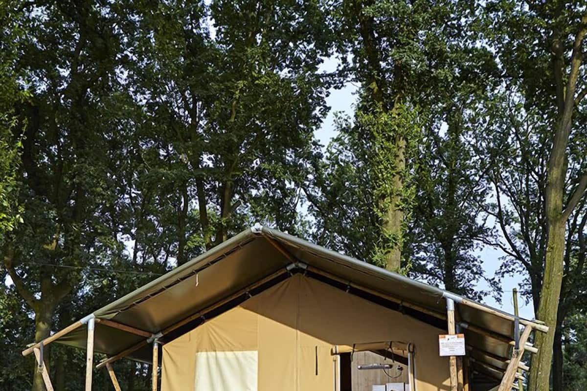 A camping tent with a table and chairs, surrounded by trees.