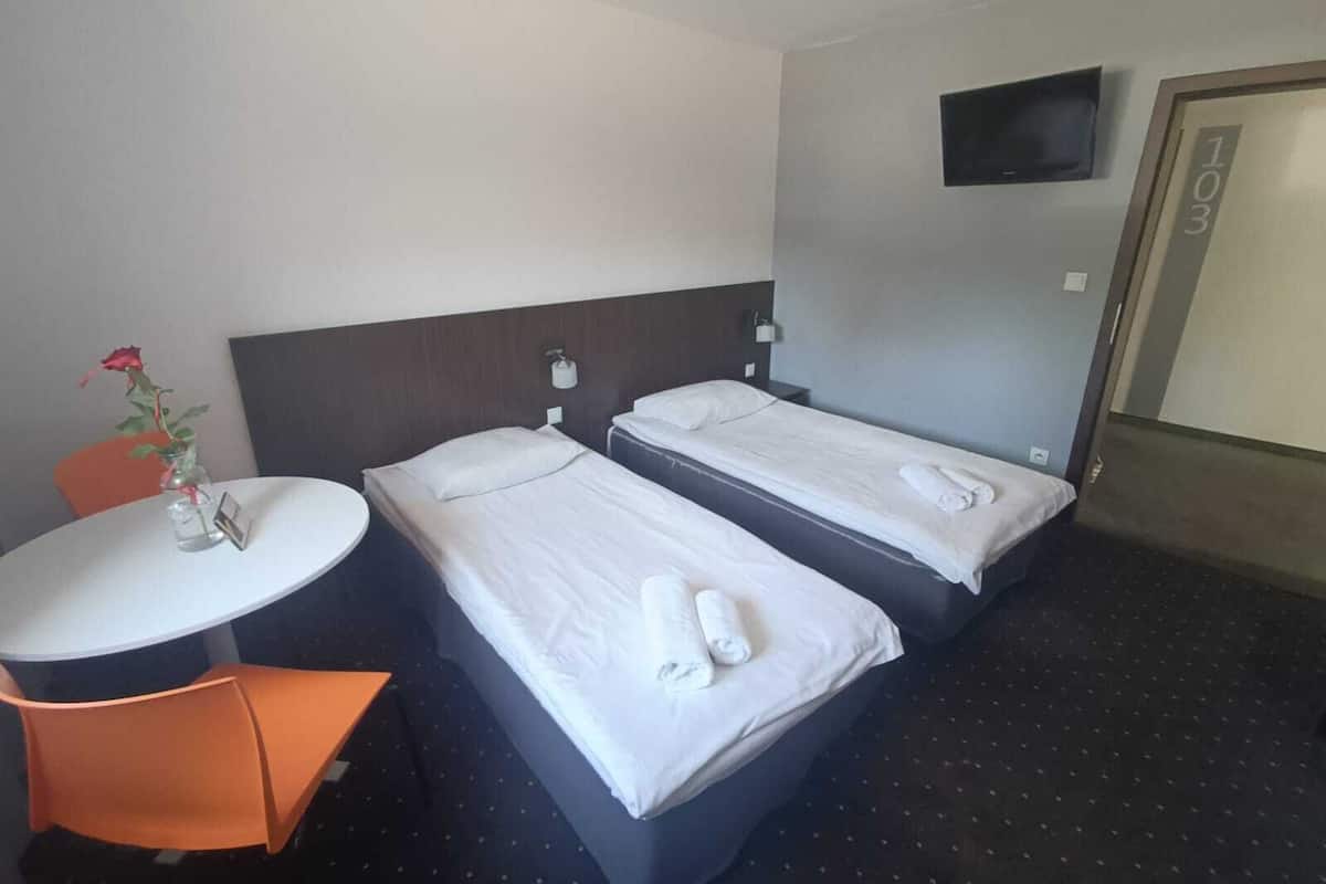 A hotel room with two beds, a small table, a chair, a vase with a flower, and a TV on the wall.