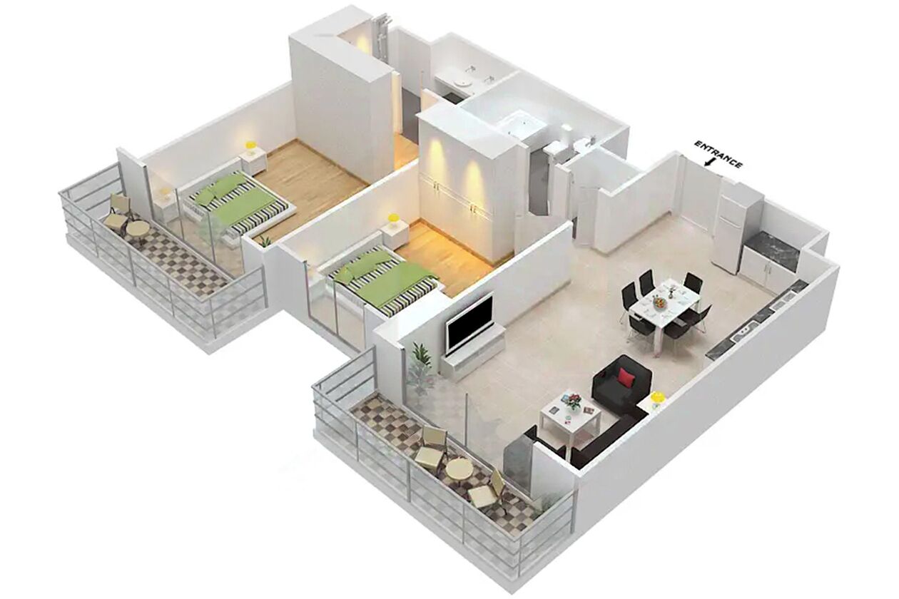 A 3D floor plan of a modern apartment with a living room, kitchen, dining area, and two bedrooms.
