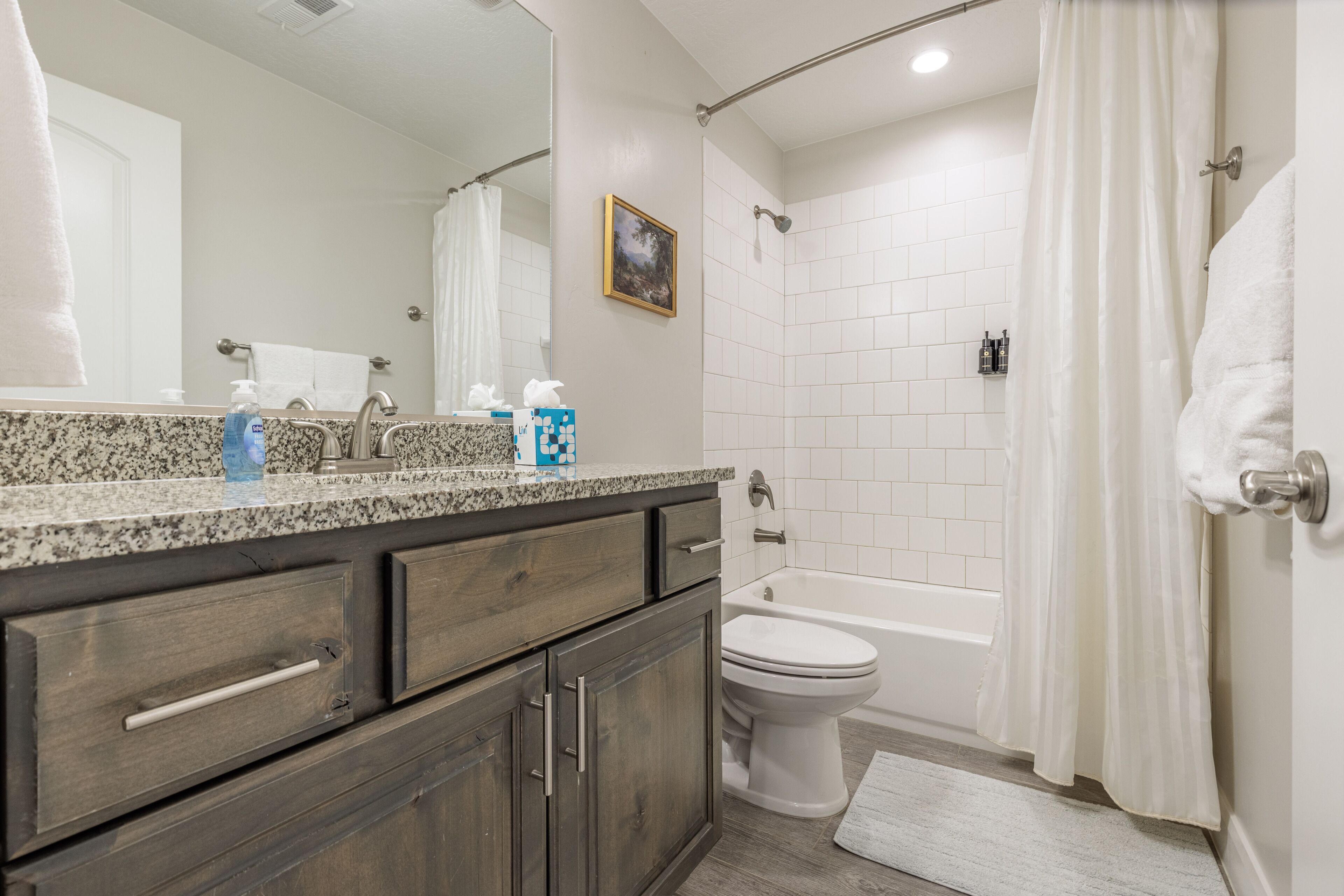 Une salle de bain avec un comptoir en granit, des toilettes blanches, une baignoire et un rideau de douche.