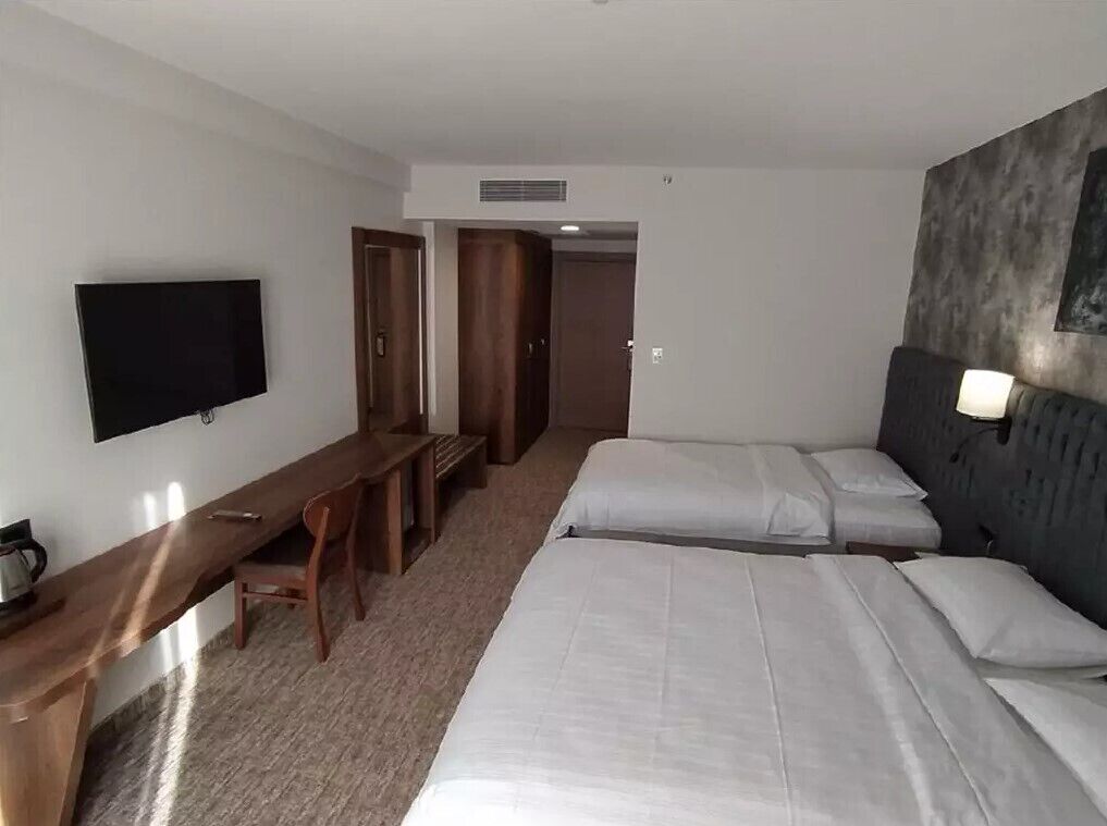 A hotel room with a bed, a desk, a chair, a television, and a door.