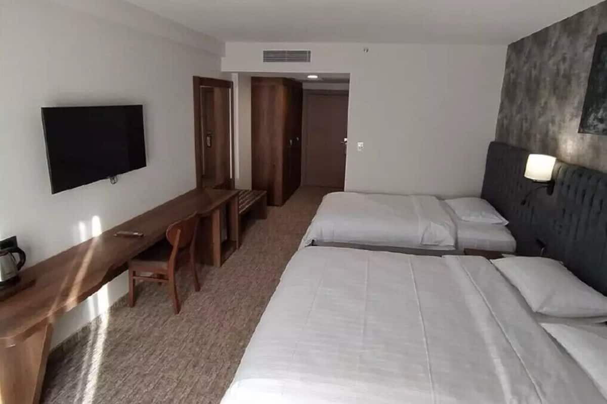 A hotel room with a bed, a desk, a chair, a television, and a door.