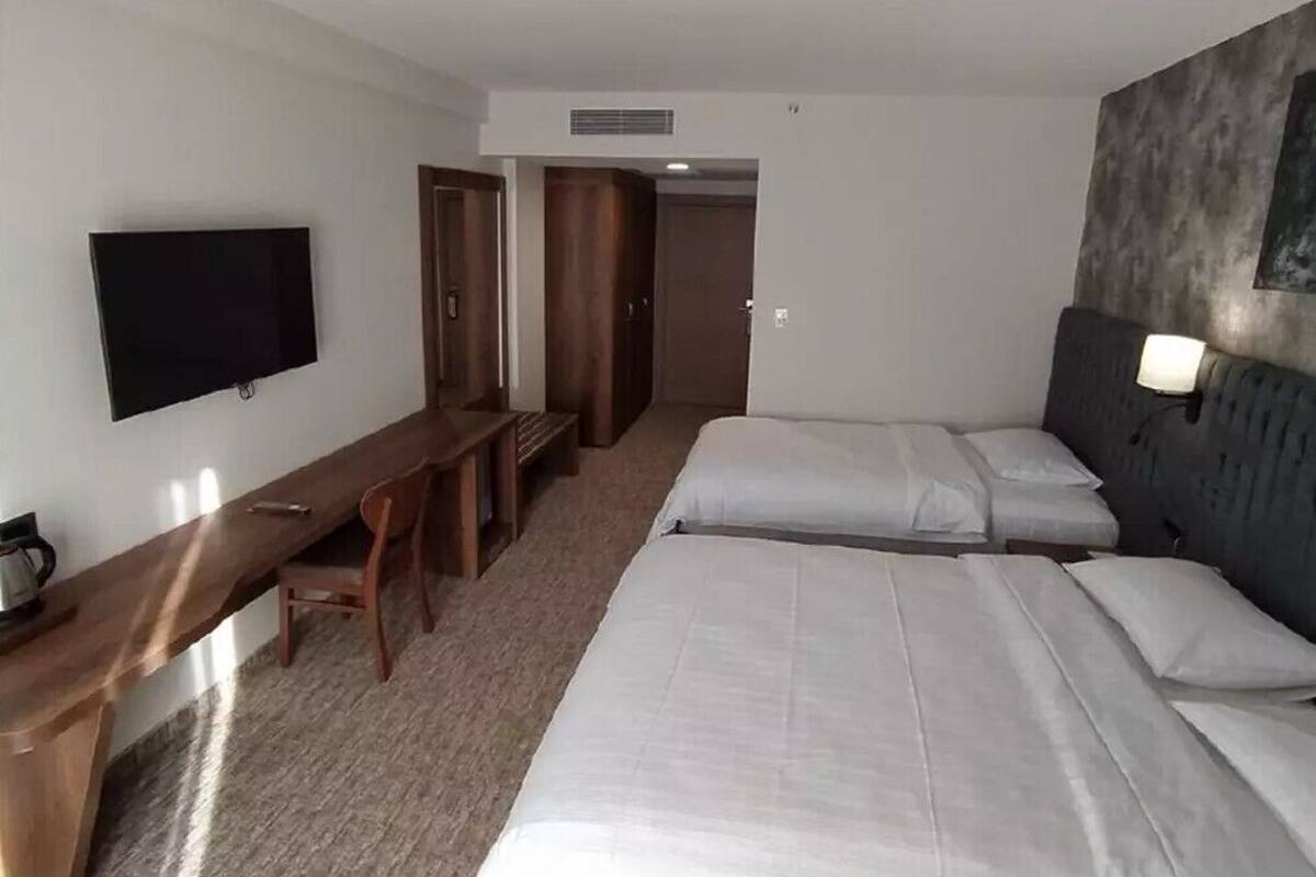 A hotel room with a bed, a desk, a chair, a television, and a door.