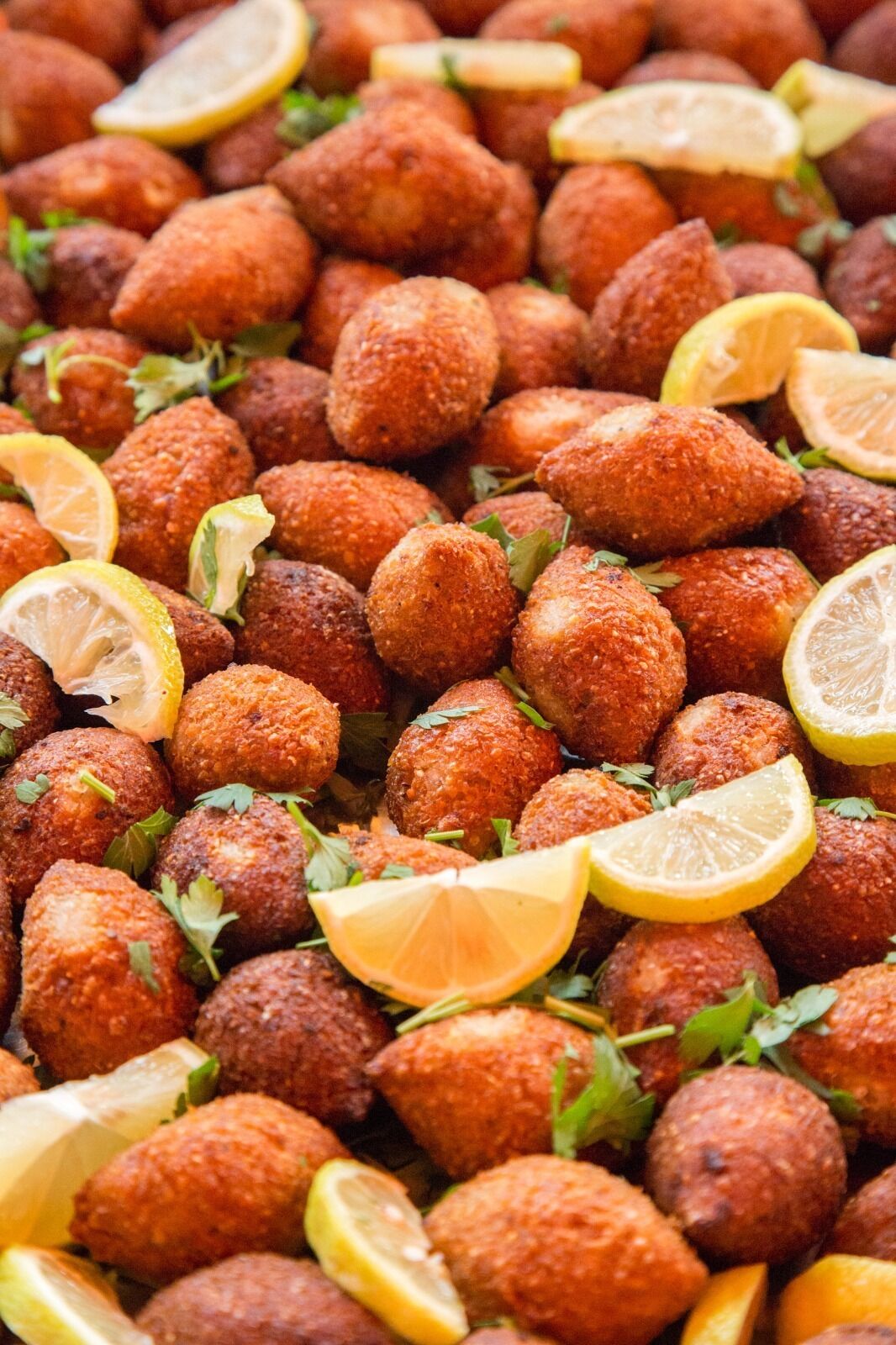 A close-up of a variety of fried food items, likely appetizers, garnished with lemon slices and parsley.