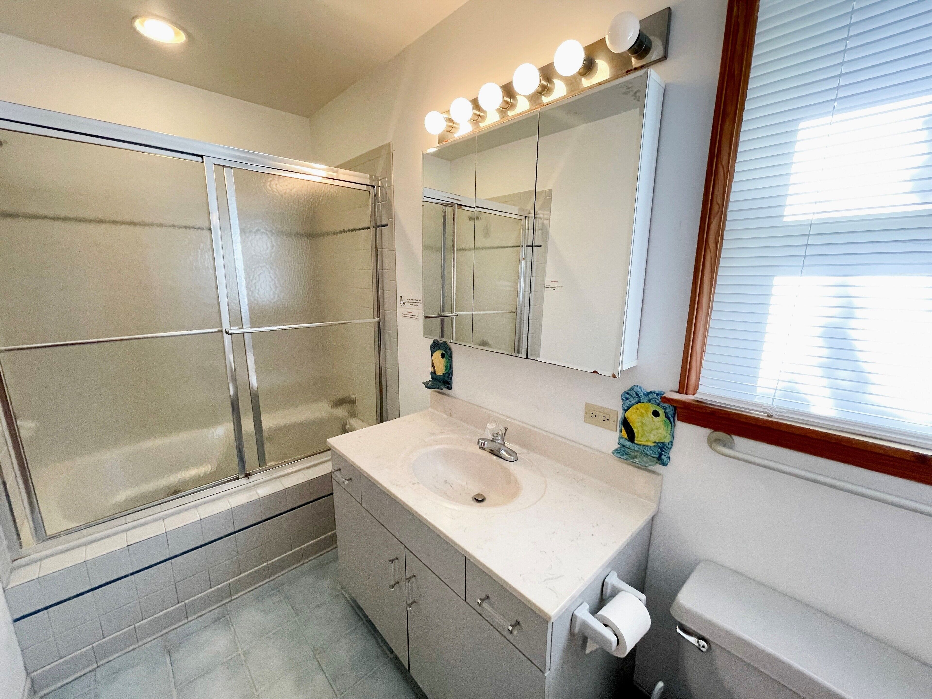 A bathroom with a glass shower enclosure, a sink with a mirror above it, and a toilet.