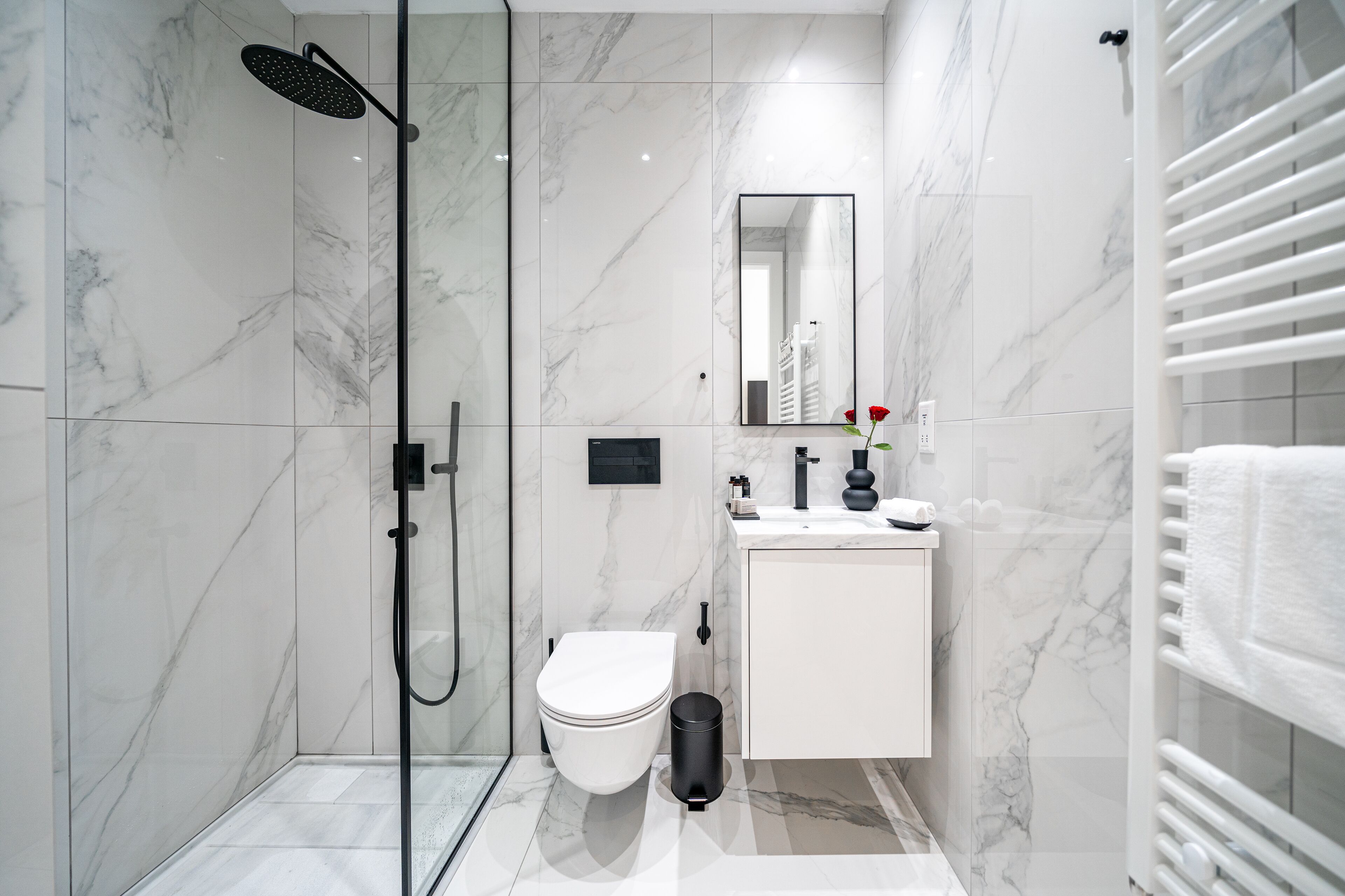 A modern bathroom with a glass-enclosed shower, a white toilet, a white vanity with a mirror, and a towel rack.