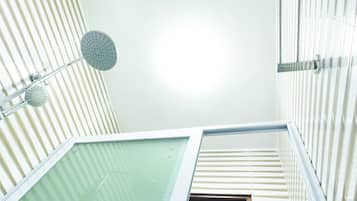 Shower, rainfall showerhead, free toiletries, hair dryer