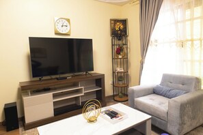 Departamento familiar | Área de sala de estar | Televisión de 55 pulgadas con canales vía satélite y chimenea 