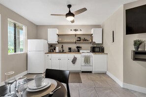 Microwave, stovetop, coffee/tea maker, toaster