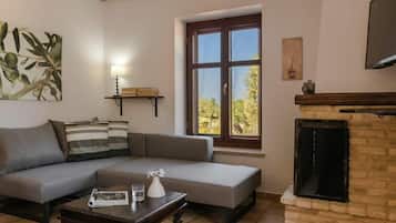 Televisión, chimenea, libros y oficina