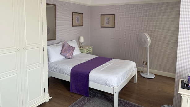 A bedroom with a bed, a wardrobe, a bedside table with a lamp, a fan, and a chandelier. - The French Partridge (Northampton)