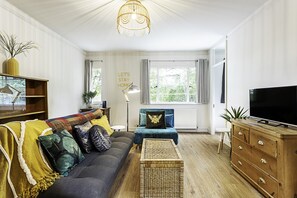 Apartamento básico, 1 cama doble con sofá cama | Zona de estar | Una televisión