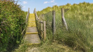 Un escalier en bois menant à un niveau supérieur, entouré d’une végétation luxuriante.