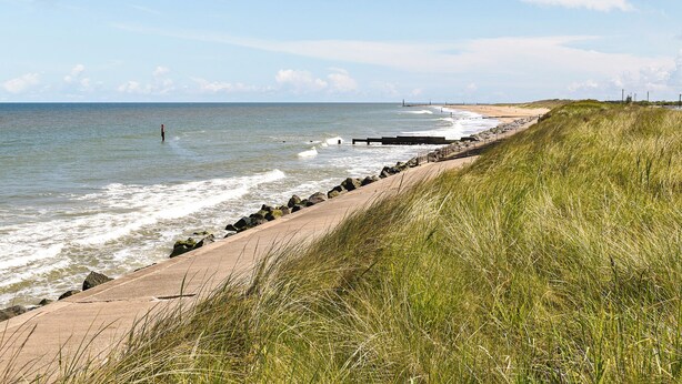 Une promenade en bord de mer, avec une berge herbeuse, une plage de sable et l’océan.