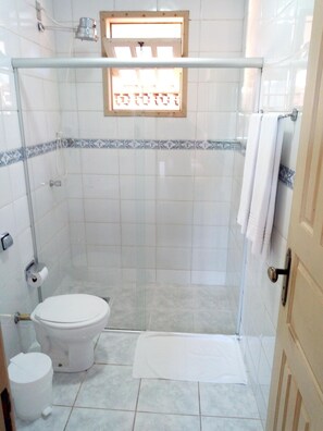 Secadora de cabello, toallas, jabón, papel de baño