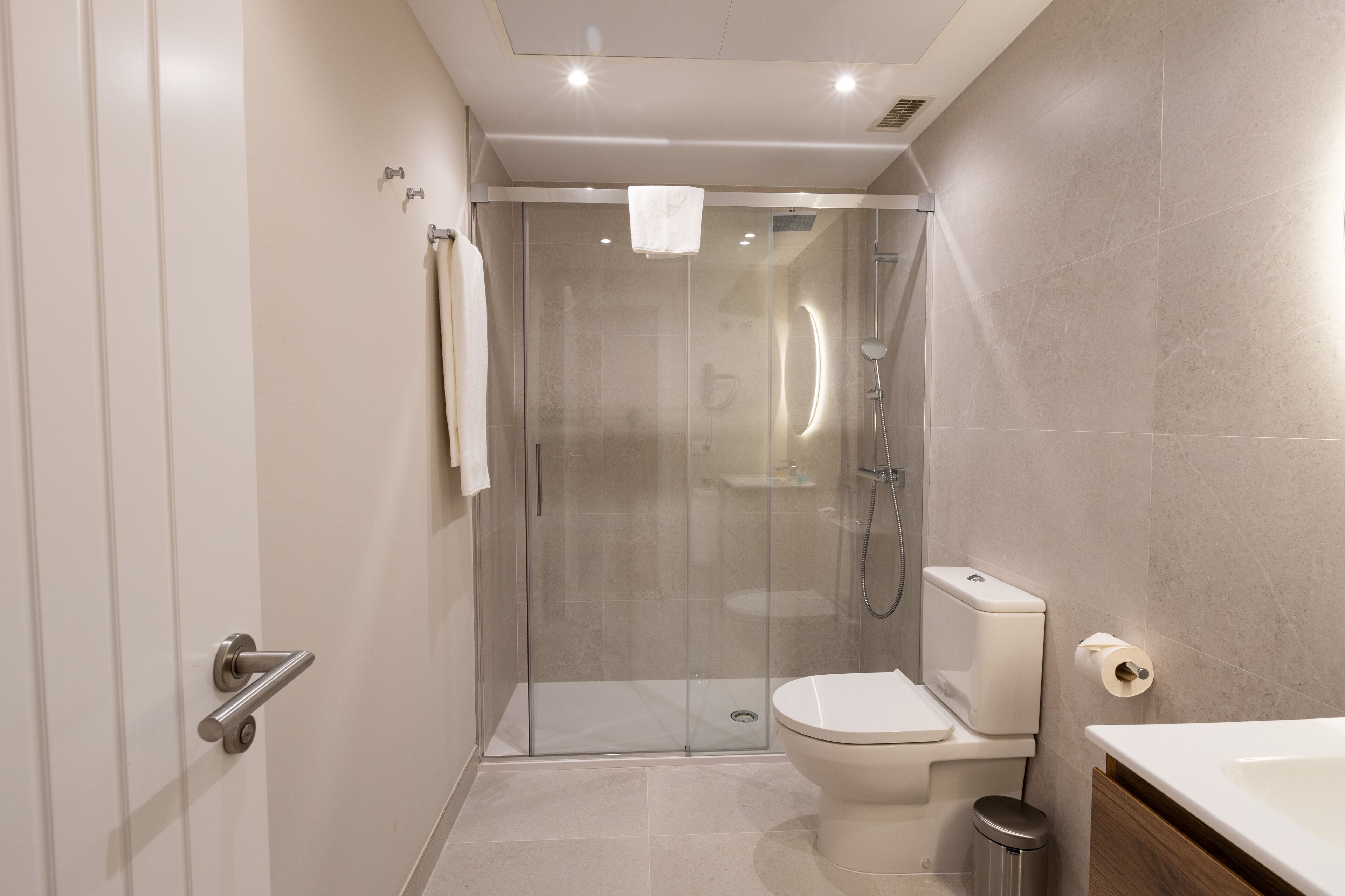 A modern bathroom with a glass-enclosed shower, a toilet, and a sink.