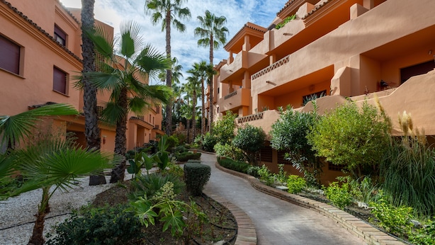 Un patio con un sendero curvo, palmeras y un edificio con balcones.
