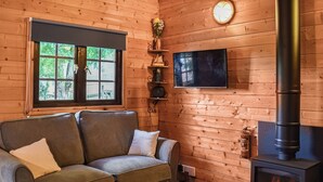 A cozy cabin interior with a sofa, a fireplace, a TV, and a window with a view of greenery.
