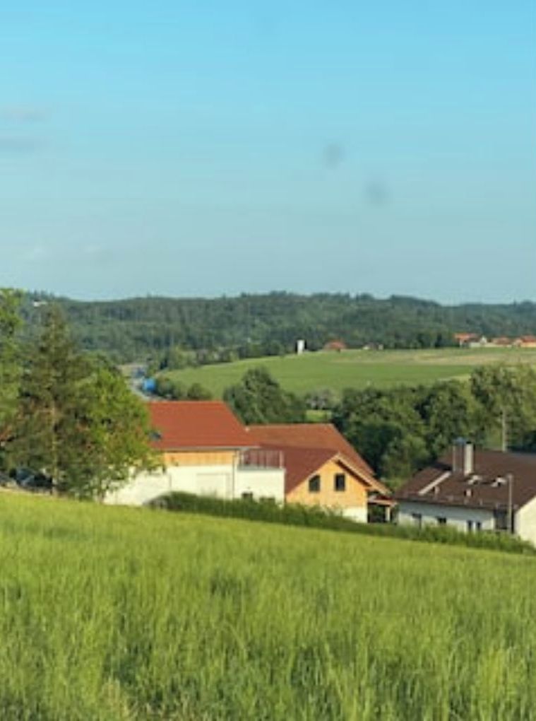 A rural landscape with a house and fields.