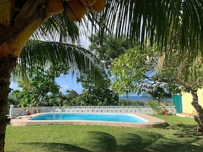 A swimming pool surrounded by lush greenery and a clear view of the sea. - Explore Sesel from Naturalis: newly built, best ocean views, pool, lush gardens. (La louise)