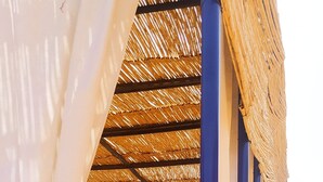 A potted plant under a thatched roof structure with blue pillars and a tiled floor.