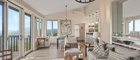 TV, fireplace, books