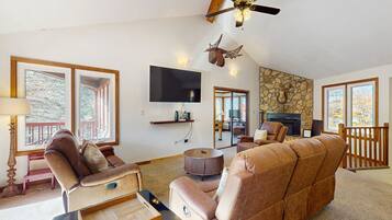 TV, fireplace, table football