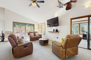 TV, fireplace, table football