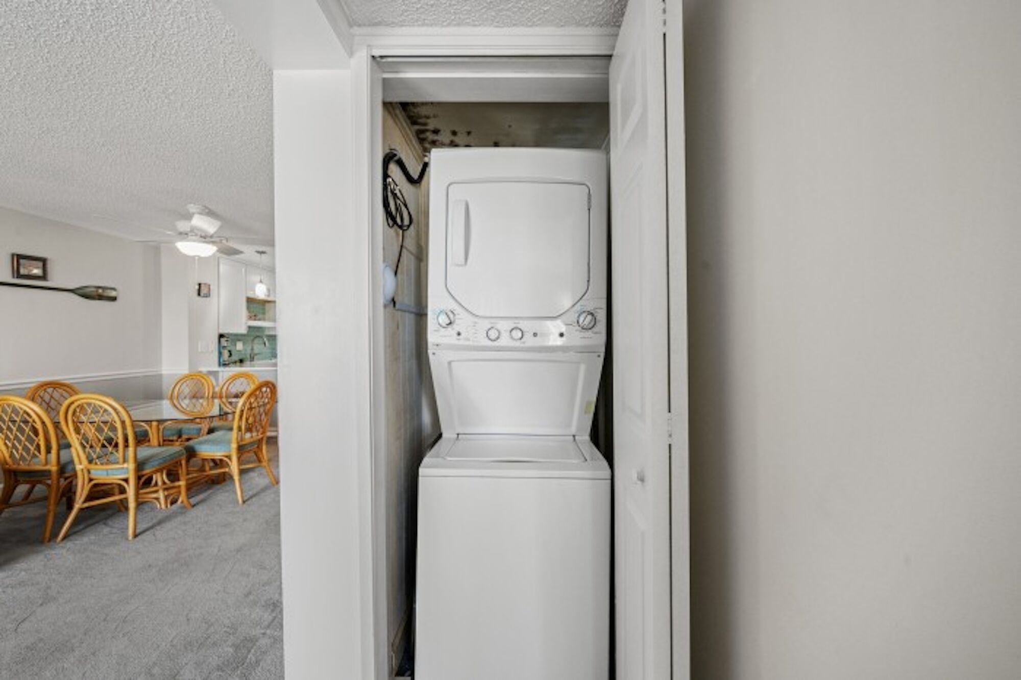 A compact room with a built-in washer and dryer, a dining area with wicker chairs, and a kitchenette in the background.