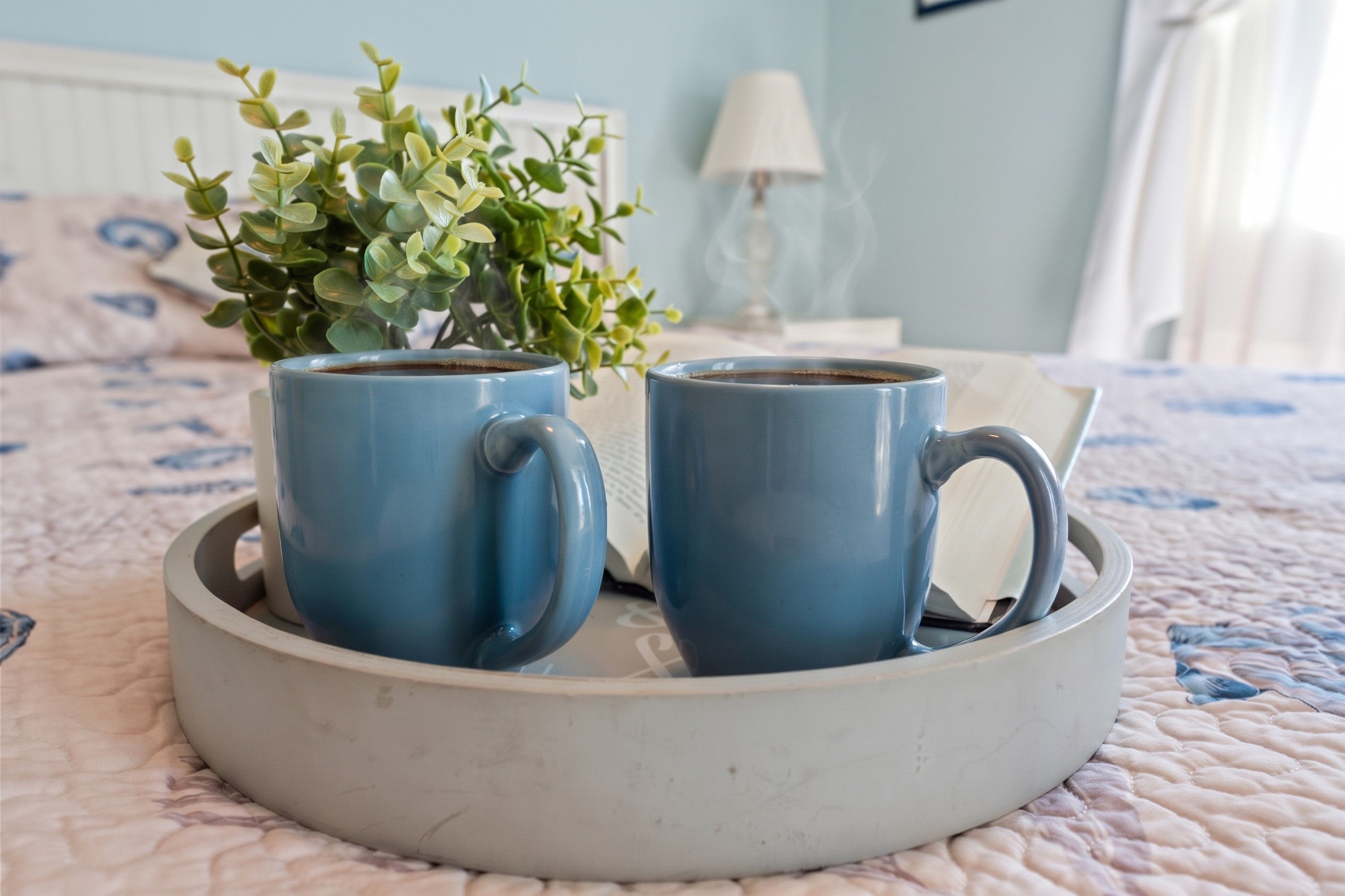 Deux tasses bleues sur un plateau, une plante en pot et une lampe dans une pièce.