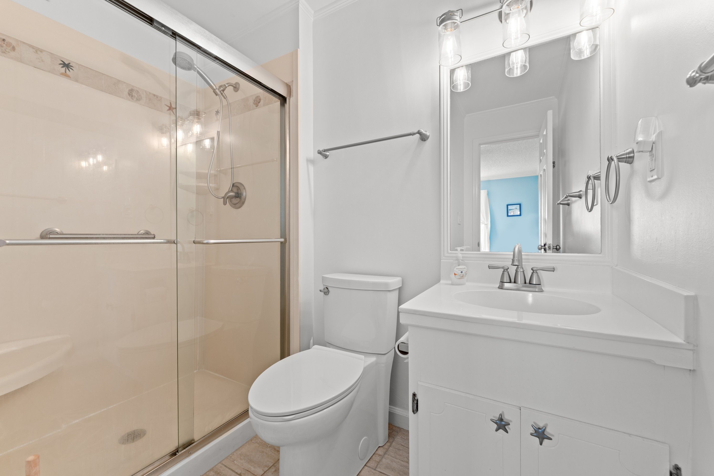 A bathroom with a glass-enclosed shower, a white toilet, and a vanity with a mirror.