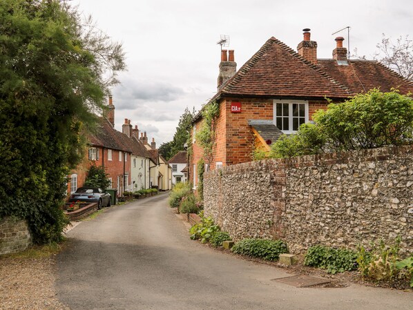 A narrow street lined with traditional brick houses, stone walls, and lush greenery. - Hapton Folly (Waterlooville)