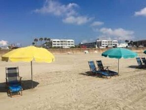 On the beach, beach towels