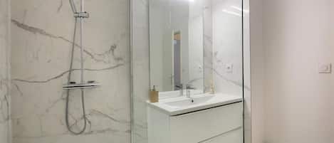 Shower, hair dryer, soap