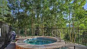 A hot tub surrounded by a stone wall, with a metal railing and a bench nearby. - Ski-In Breckenridge Condo w/ Fireplace + Balcony! (Breckenridge)