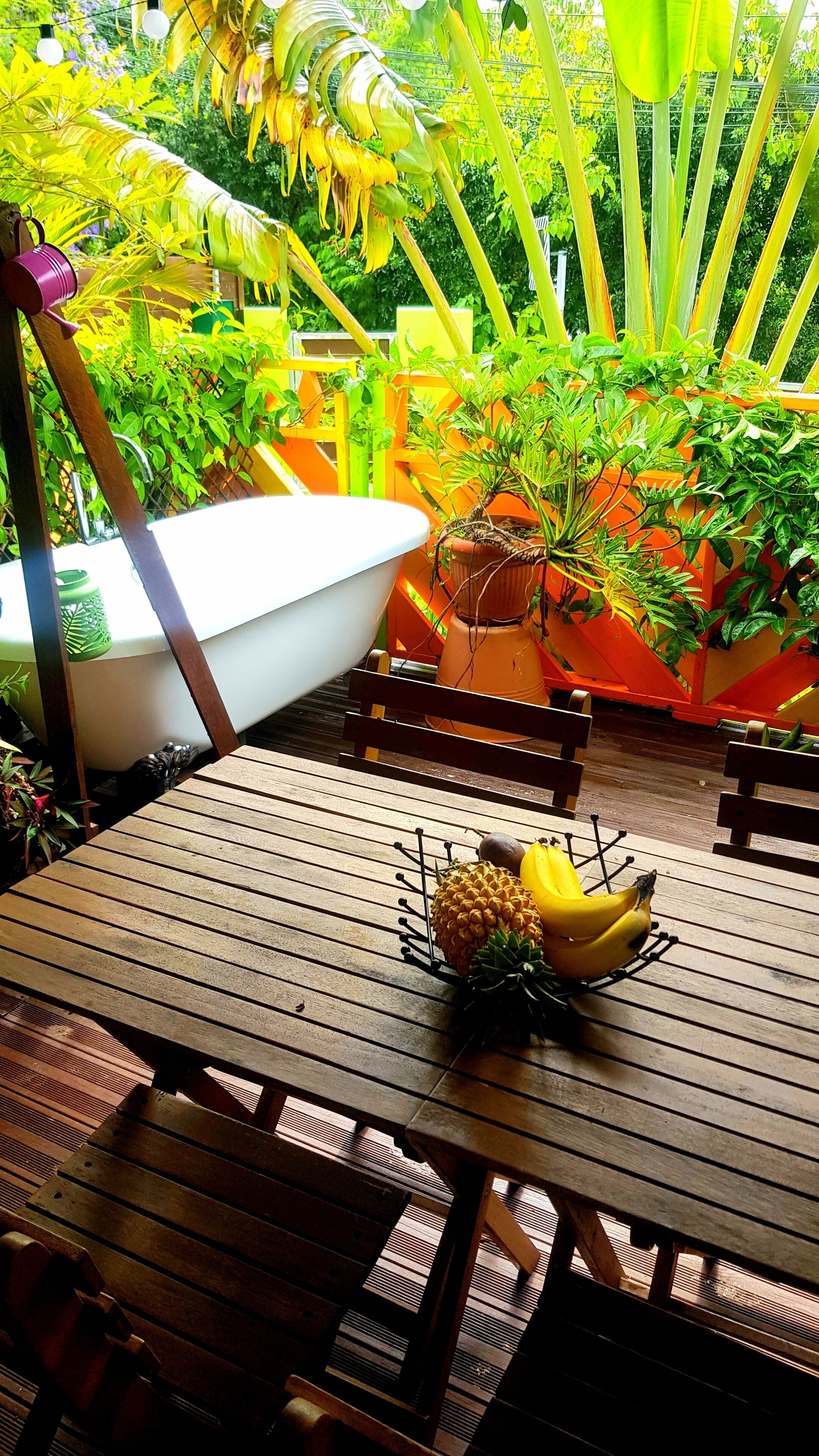 Uma mesa de madeira com uma abacaxi e uma banana, rodeada por plantas em vasos e uma cerca amarela.